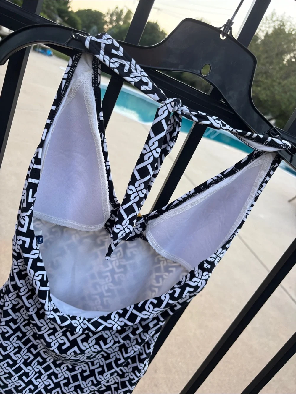 Chain  Black & White Chain-Print One-Piece Swimsuit Gold Ring at Bust